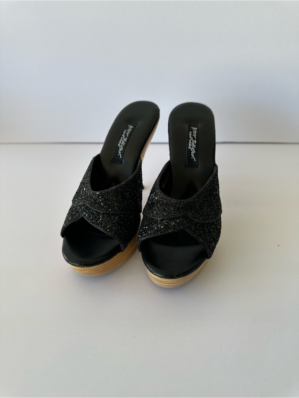 Betsey Johnson Black glitter Platform Mules with Wooden Platform